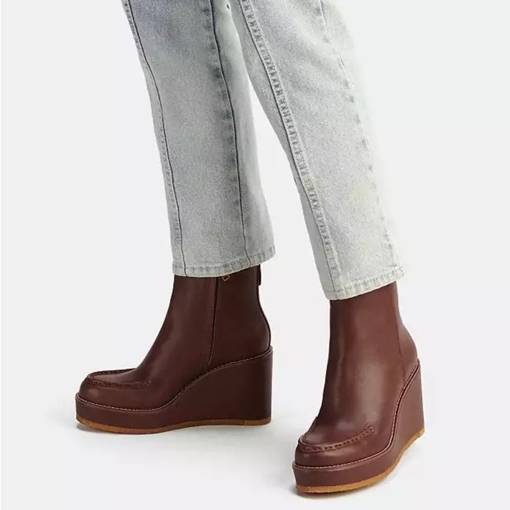 Coach Brady Booties Women Size 8 Brown Leather Wedge Ankle Boots Platform Casual